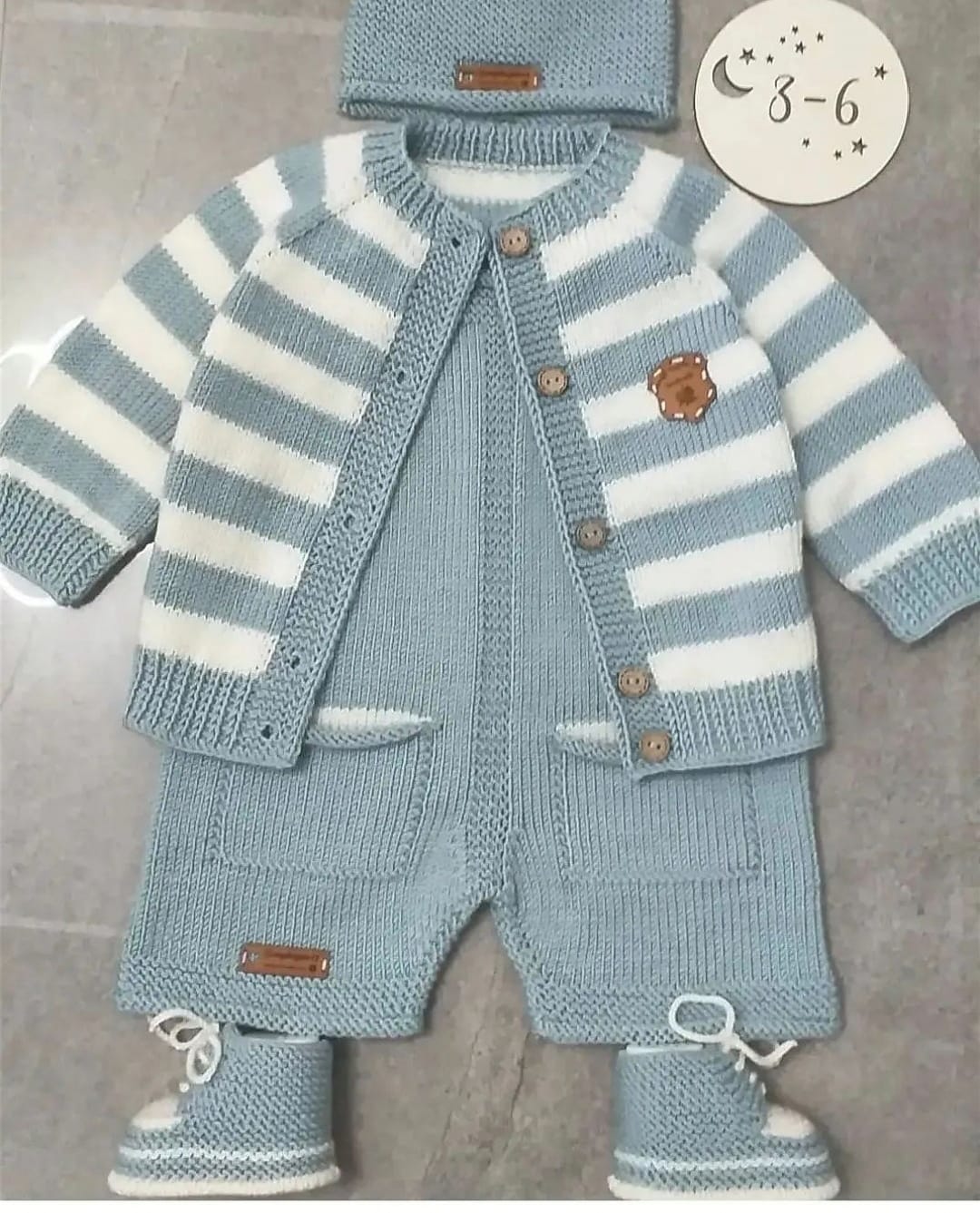 Mavi bebek takim seti hirka pantolon bere patik orgu