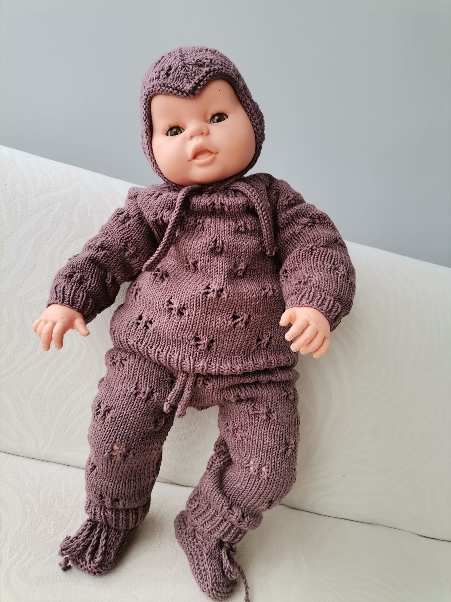 Mor ponponlu bebek tulum takımı üç parçalı set