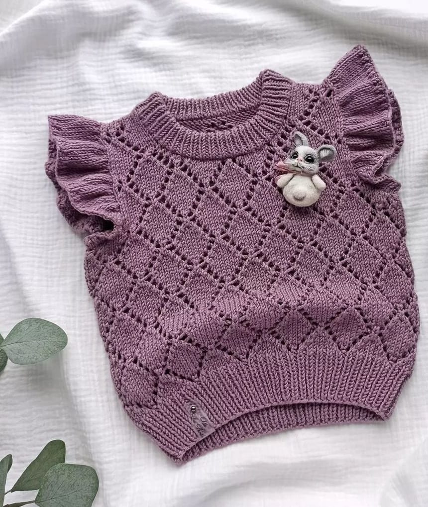 Mor fırfırlı kol ajurlu bebek yeleği kız bebek